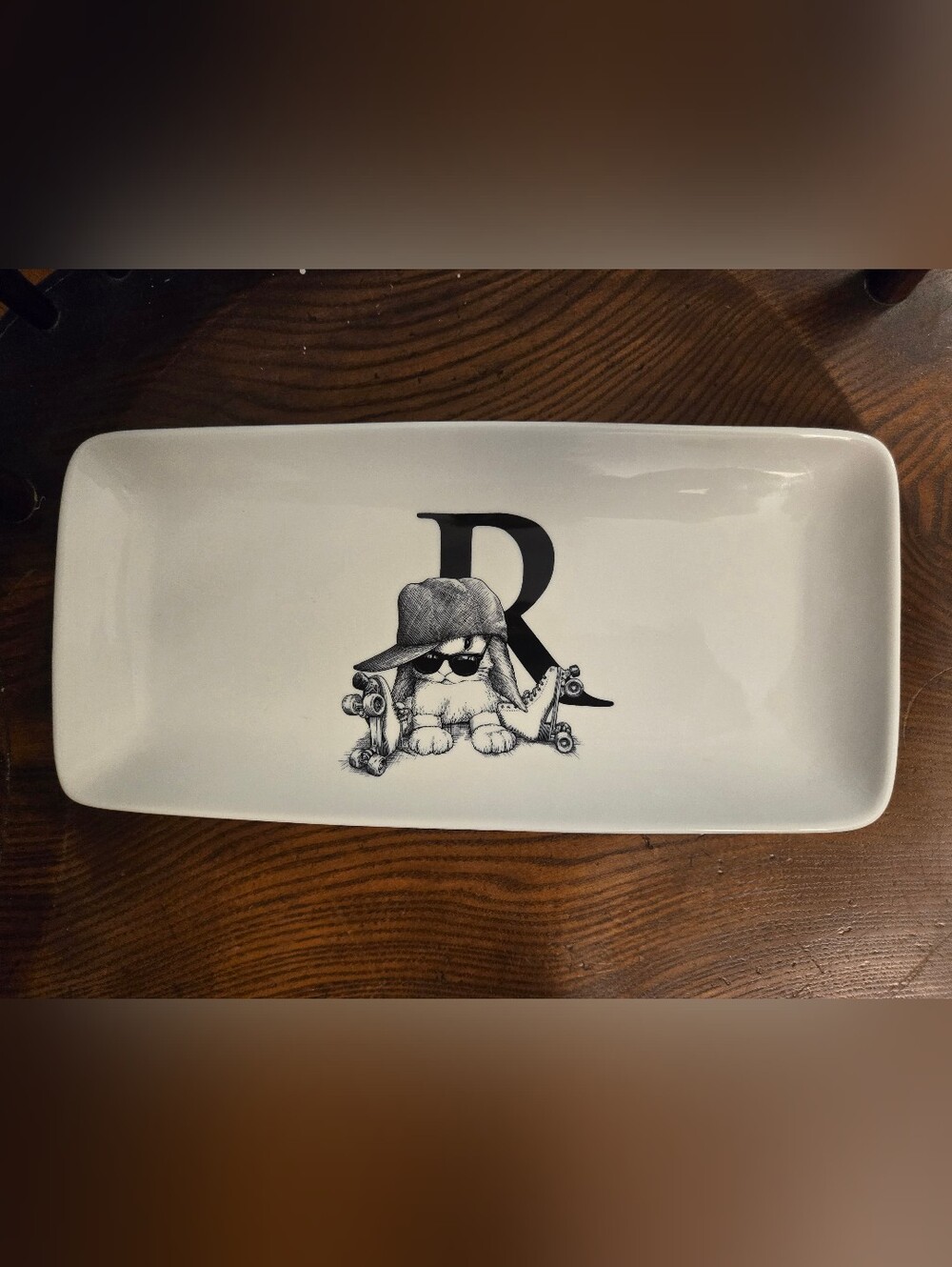 Monogram R Rectangular White Trinket Tray with Skate Pup